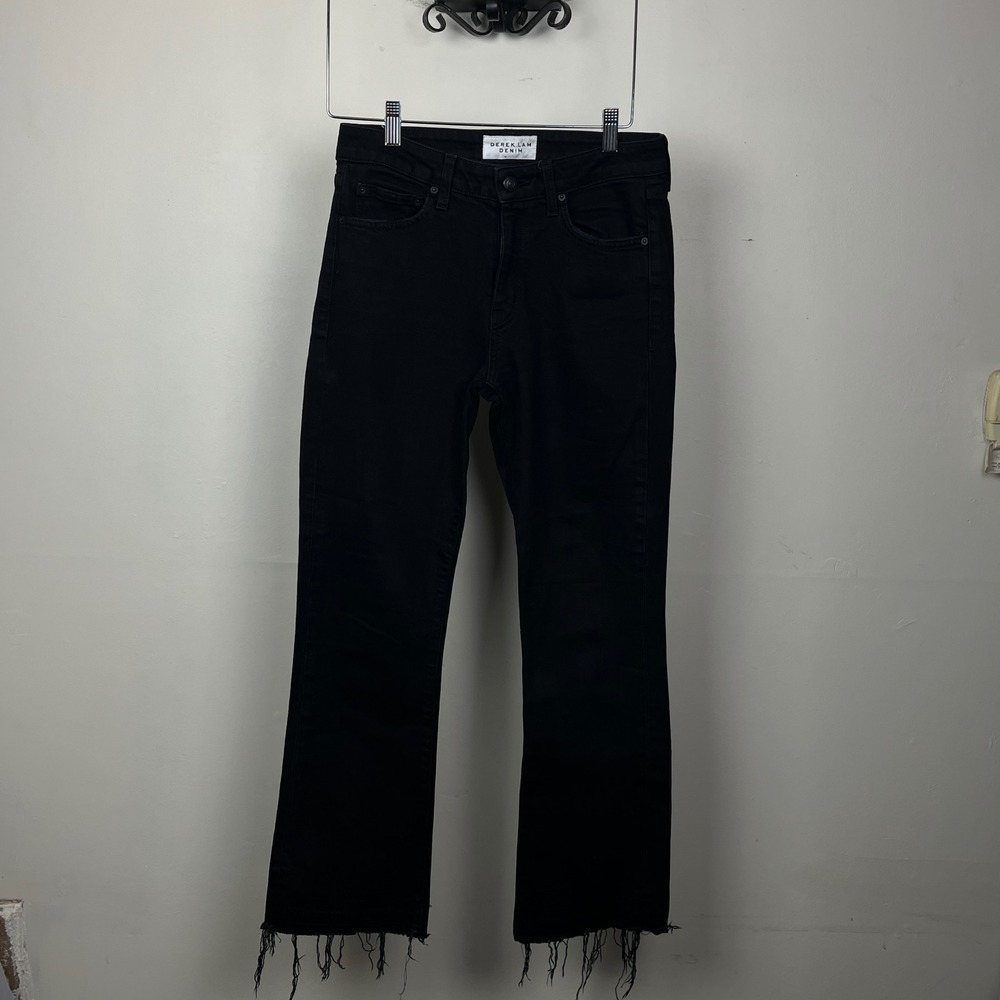 Derek Lam 10 Crosby Gia Black Mid Rise Cropped Flare Jeans Raw Hem 27 USA
